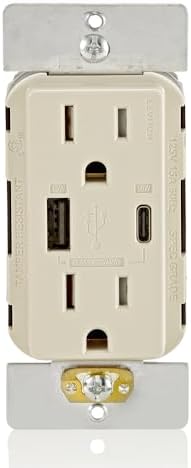 Leviton T5634-T 60W (20V@2.5A+ 5V@2A) USB Dual Type A/Type-C Power Delivery in-Wall Charger with 15A Tamper-Resistant Outlet, USB Charger for Smartphones, Tablets, Laptops, Light Almond