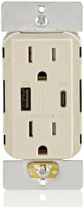 Leviton T5634-T 60W (20V@2.5A+ 5V@2A) USB Dual Type A/Type-C Power Delivery in-Wall Charger with 15A Tamper-Resistant Outlet, USB Charger for Smartphones, Tablets, Laptops, Light Almond