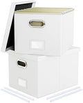 Oterri 2 Pack File Storage Organizer Box,Filing Box,Portable File Box with Lid,Fit for Letter/Legal File Folder Storage, White(Leather)-Box only