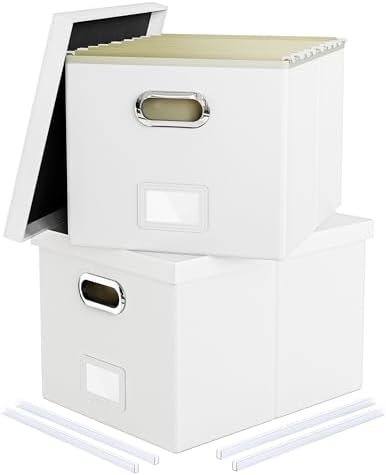Oterri 2 Pack File Storage Organizer Box,Filing Box,Portable File Box with Lid,Fit for Letter/Legal File Folder Storage, White(Leather)-Box only