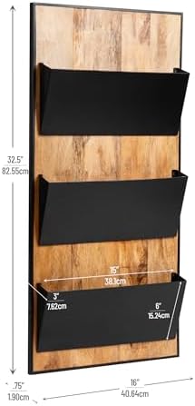 Mind Reader 3-Tier Wall-Mounted File Organizer, Wood and Metal Vertical Rack for Mail, Magazines, and Documents, Black