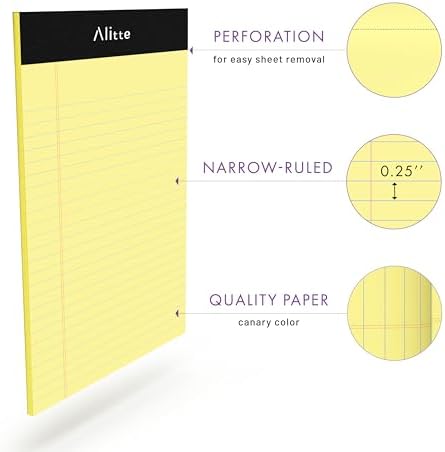 Alitte Yellow Legal Notepads 5x8, Pack of 6 - Perforated Narrow Ruled Writing Pad - Premium Thick Paper, No Ink Bleeding - Blank Legal Pads For Home, Office, School, Business - 50 Sheets Per Notebook