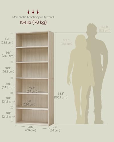 VASAGLE 6-Tier Bookshelf, Storage Organizer, 23.6 x 9.4 x 63.2 Inches