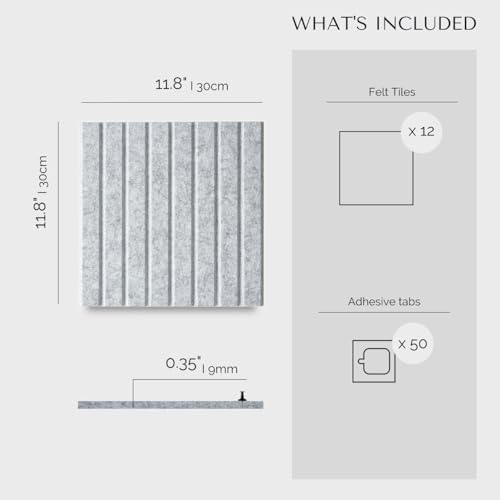 VIVELDA Large Felt Bulletin Board 48 x 36 Inch - 12-Pack Square Acoustic Wall Panels, Cork Board Alternative, NRC 0.95, Damage-Free Adhesive, Slatted Design for Home, Classroom (Marble)