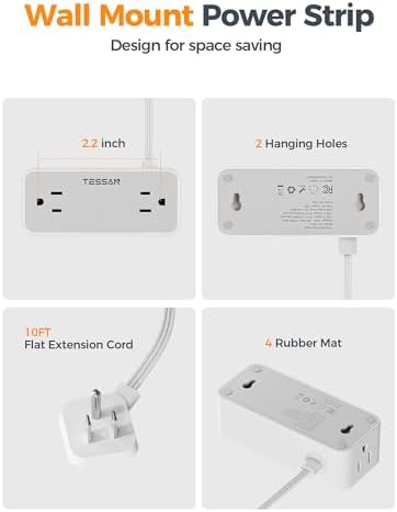 TESSAN Extension Cord 10 FT, Power Strip with 900J Surge Protection, Grey