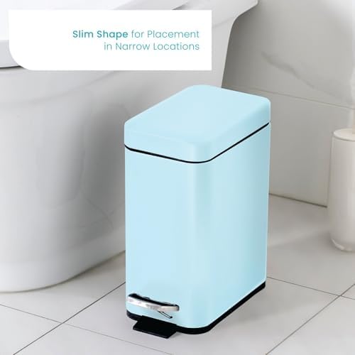 Home Zone Living 1.3 Gallon Small Bathroom Trash Can with Lid and Step Pedal, Stainless Steel Wastebasket with Slim Design for Home and Office, Powder Blue, 5 Liters