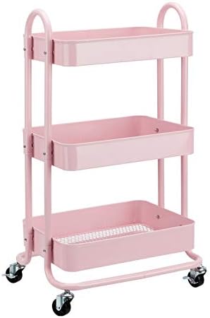 Amazon Basics 3-Tier Rolling Utility or Kitchen Cart, Lockable Wheels, Multifunctional Storage, Metal Storage Organizer, Portable, Dusty Pink