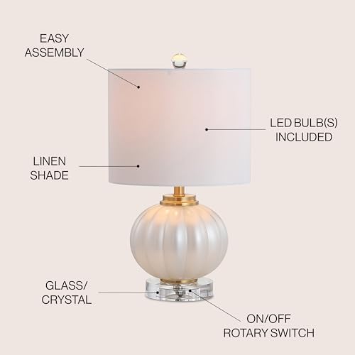 JONATHAN Y Pearl Glass Bedside Table Lamp Ribbed 17.5", White/Brass Gold