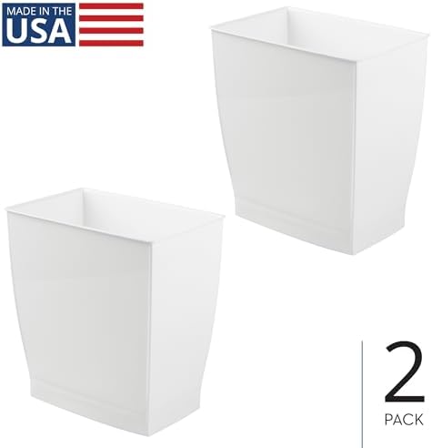 iDesign Small Plastic Bathroom Trash Can, Slim Rectangle, 2-Pack, White