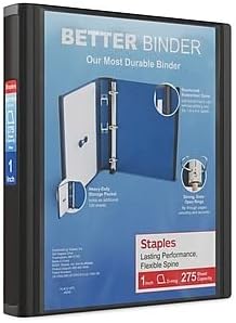 Staples Better Binder, 1 Inch D-Ring, Black, 275 Sheets, 3-Pack | Reinforced spine for durable school and office document organization.