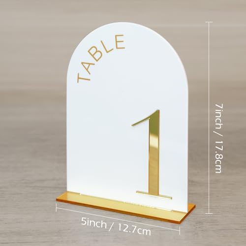 White Arch Wedding Table Numbers 1-20, Gold Numbers and Stands