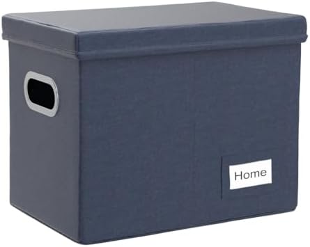 PRANDOM File Organizer Box - Set of 1 Collapsible Decorative Linen Filing Storage Hanging File Folders with Lids Office Cabinet Letter Size Navy Blue (14x9.3x10.8 inch)