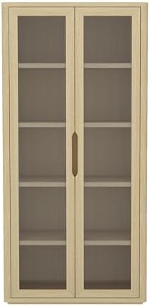 Manhattan Comfort Rivington 79" Tall Modern 5 Shelf Bookcase with Soft Close Glass Doors, Handle-Free, Adjustable Shelves, Display Storage Cabinet for Living Room, Bedroom, or Office in Natural Oak