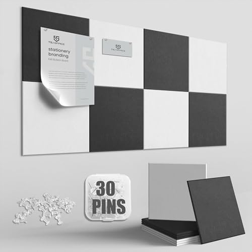 TSJOFFICE Large Cork Board for Wall - 48" x 24" Bulletin Board with 30 Pushpins for Office Decor, Pin Board 8 Pack Felt Tiles with Safe Removable Adhesive Tabs, Corkboard for Home - Black & White