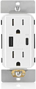 Leviton 60W (20V@2.5A+ 5V@2A) USB Dual Type A/Type-C Power Delivery in-Wall Charger with 15A Tamper-Resistant Outlet, USB Charger for Smartphones, Tablets, Laptops, T5634-W, White