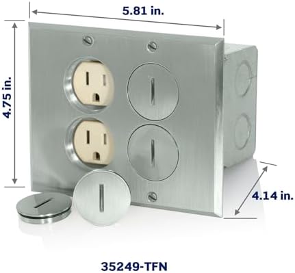 Leviton 2-Gang Duplex Receptacle Floor Box Assembly, Tamper-Resistant, Nickel Finish, 15-Amp, 125V, 35249-TFN