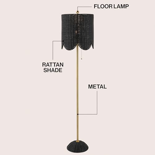 JONATHAN Y Joel Scalloped Rattan Floor Lamp 63.5", Black/Brass Gold