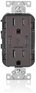 Leviton 30W (6A) USB Dual Type-C/C Power Delivery In-Wall Charger with 15A Tamper-Resistant Outlet, USB Charger for Smartphones, Tablets, Laptops, T5635-B, Brown