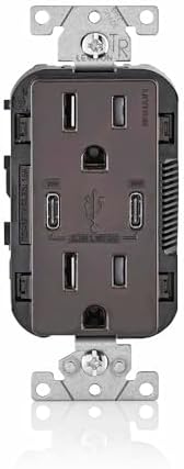 Leviton 30W (6A) USB Dual Type-C/C Power Delivery In-Wall Charger with 15A Tamper-Resistant Outlet, USB Charger for Smartphones, Tablets, Laptops, T5635-B, Brown