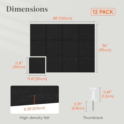 Lifewit 48"x 36" Felt Bulletin Board with Self-Adhesive, 12 Pack Cork Board Alternative for Walls, Large Pin Board Vision Board Message Board with 50 Pushpins for Office Decor, Room Decor, Black