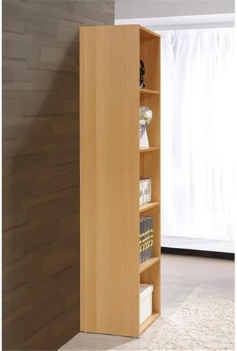 Pemberly Row 5-Shelf Wooden Bookcase, Beige Finish, Slim Design, 59 in H x 15.9 in W x 11.8 in D, Contemporary Style, Multi-Purpose Storage for Office, Bedroom, Kids Room, or Entryway