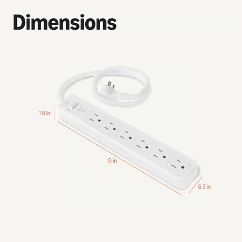 Amazon Basics Rectangle 6-Outlet Surge Protector Power Strip with Circuit Breaker, 600 Joule, 2ft Cord, White, 2-Pack