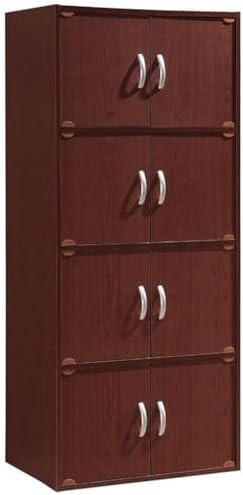 Pemberly Row 4 Shelf 8 Door Bookcase, 54.3 in H x 23.4 in W x 15.5 in D, Mahogany Finish, Slim Vertical Design, Wood Construction, Multipurpose Storage for Office, Bedroom, Closet or Entryway