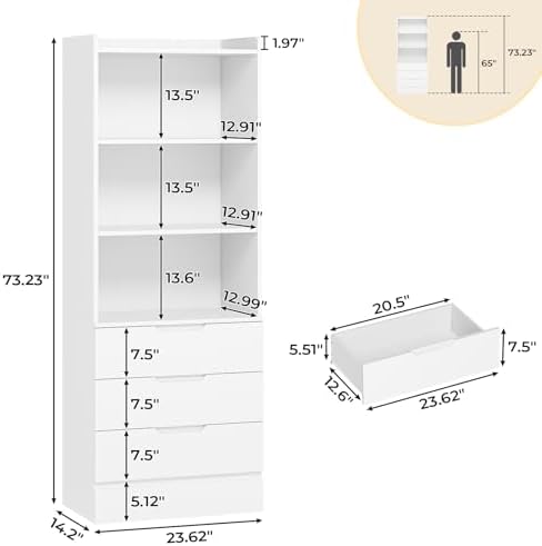 DICTAC 73.23'' Tall Storage Cabinet Bookcase with 3 Drawers and 3-Tier Open Shelves Wooden Bookshelf Kitchen Pantry Storage Organizer Cabinets for Living Room, Study, Kitchen,Bathroom,White