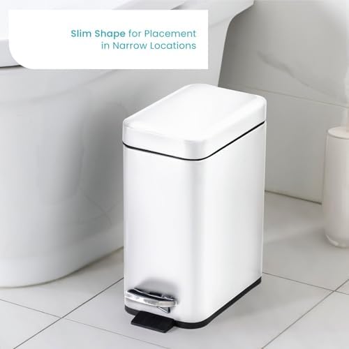 Home Zone Living 2-Pack 1.3 Gallon Small White Bathroom Trash Can with Lid and Step Pedal, Stainless Steel Wastebasket with Slim Design for Home and Office, 5 Liters