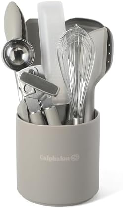 Calphalon Edge 10-Piece Kitchen Utensil Set with Crock, Stainless Steel and Silicone Cooking Tools, Nonstick-Safe Utensils with Comfortable Handles, Taupe