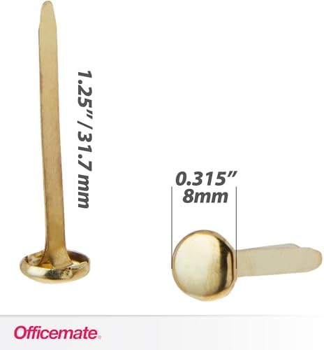 Officemate Brass Plated Fasteners, 1.25-Inch Length, 0.375-Inch Head, 100 per Box, 10 Pack (998150)