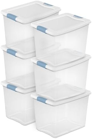 Sterilite 25 Quart Latching Box, Clear Plastic Storage, White, 6 Pack
