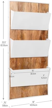 Mind Reader 3-Tier Wall-Mounted File Organizer, Wood and Metal Vertical Rack for Mail, Magazines, and Documents, Metal, Wood, White