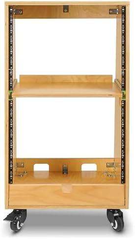 Sound Town DIY Slanted 16U Studio Rack (8U Top + 8U Lower), with 2U Bottom Storage, Slide-Out Tray, Caster, Plywood, Golden Oak for Recording Room, Home Studio (SDRK-ST16T)