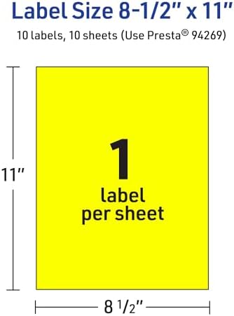 Avery Printable Sticker Paper, 8-1/2" x 11", Full-Sheet Labels, Neon Yellow Labels, Laser/Inkjet Printable, 10 Total, Great for Packaging and Stickers