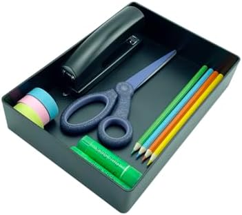 Amazon Basics Rectangular Plastic Desk Organizer with Storage Trays, Accessory Tray for Office Supplies and Pen Holder, 9.4 x 6.7 x 2 inch, Black (Pack of 2)