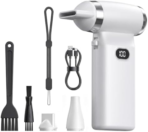 Electric Compressed Air Duster Cordless: 60 MPH High Wind Speed Mini White Air Blower for Electronics Portable Computer Cleaner Hand Keyboard Cleaning Powerful Duster for Car, Fans and Other Sences