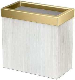 Gatco Modern Rectangle Wastebasket, White Oak/Brushed Brass Lid - Stainless Steel Trash Can with Removable Lid, Leakproof, 3 Gallon Capacity for Bathroom, Bedroom, Kitchen, or Office