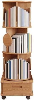 Small Bookshelf with Storage Drawer for Small Spaces Corner Rotating Bookshelf 360 Display 2-4 Tier Revolving Bookcase with Brake Wheels for Bedroom Living Room Study Room ( Color : Wood , Size : Four