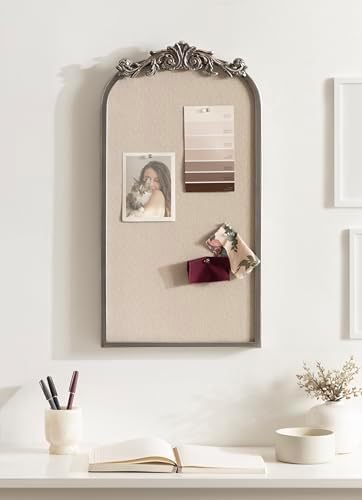 Kate and Laurel Arendahl Arch Pinboard; 13 x 25; Silver; Framed Arched Ornate Vintage Cork Board for Use as Motivational Vision Board or Wall Organizer