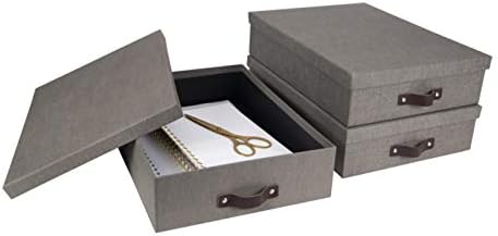 Bigso Oskar Canvas Fiberboard Document Letter Box - File Organizer Box for Important Paperwork - Document Storage with a Lid & Leather Handle - 3.3 in x 10.2 in x 13.8 in - Gray