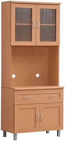 HODEDAH IMPORT Tall Standing Kitchen Cabinet with Top and Bottom Enclosed Cabinet Space, 1-Drawer, Large Open Space for Microwave in Beech