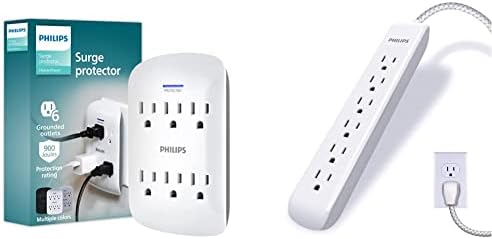 Philips 6-Outlet Extender Surge Protector, Wall Tap, ETL Listed, White, SPP3461WA/37 & Philips 6 Outlet Power Strip Surge Protector, 6 Ft Power Cord, Designer Braided Extension Cord, White