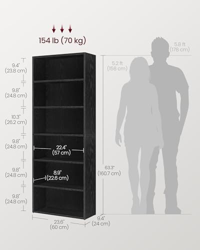 VASAGLE Bookshelf, 23.6 Inches Wide, 6-Tier Open Bookcase with Adjustable Storage Shelves, Floor Standing Unit, Ebony Black ULBC166T56