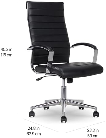 Amazon Basics High-Back Swivel Office Chair with Lumbar Support, Ergonomic Ribbed Faux Leather, Adjustable Height, 45.25" x 24.75" x 23.25", Black