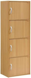 Pemberly Row 4 Shelf 4 Door Bookcase, Beech Finish, 47.4 in H x 15.91 in W x 11.75 in D, Slim Multi-Purpose Storage Unit for Office, Bedroom, Living Room, Kids Room or Entryway