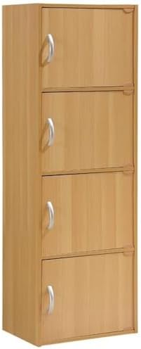 Pemberly Row 4 Shelf 4 Door Bookcase, Beech Finish, 47.4 in H x 15.91 in W x 11.75 in D, Slim Multi-Purpose Storage Unit for Office, Bedroom, Living Room, Kids Room or Entryway