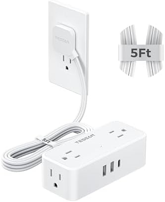 TESSAN Extension Cord 5 FT, Power Strip with 900J Surge Protection, White