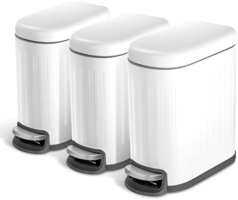 Home Zone Living 3-Pack 1.3 Gallon Small White Bathroom Trash Can with Lid and Step Pedal, Stainless Steel Wastebasket with Slim Ribbed Design for Home and Office, 5 Liters