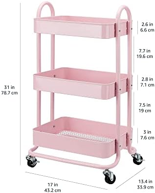Amazon Basics 3-Tier Rolling Utility or Kitchen Cart, Lockable Wheels, Multifunctional Storage, Metal Storage Organizer, Portable, Dusty Pink